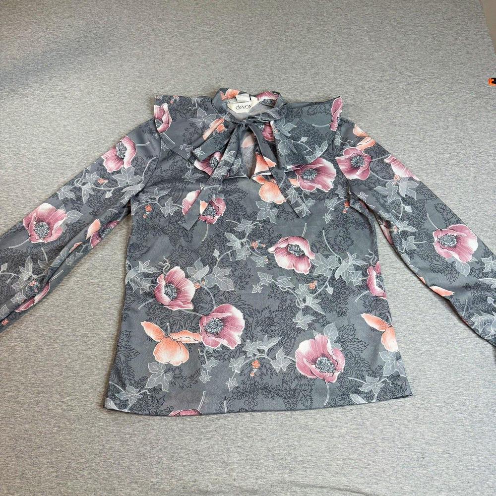 VTG 70s Devon Bow Secretary Blouse M Floral Grey Pink Tie Neck Shirt Romantic